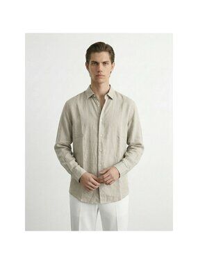 Massimo Men Button Up Shirt Dutti Beige Long Sleeve Linen Blend Size Large